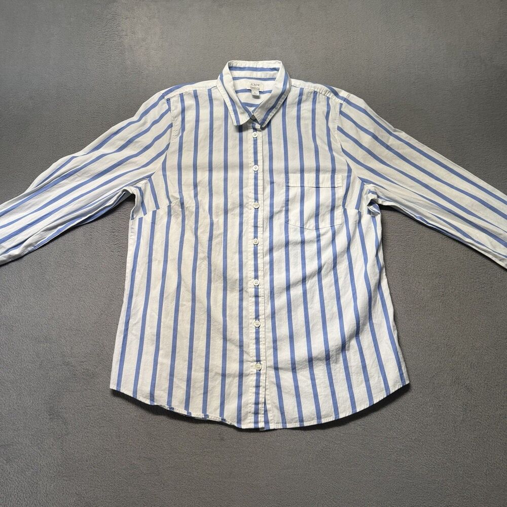 J.Crew Womens Large Button Up Shirt Blue White Striped Long Sleeve Stretch Top - Picture 2 of 8